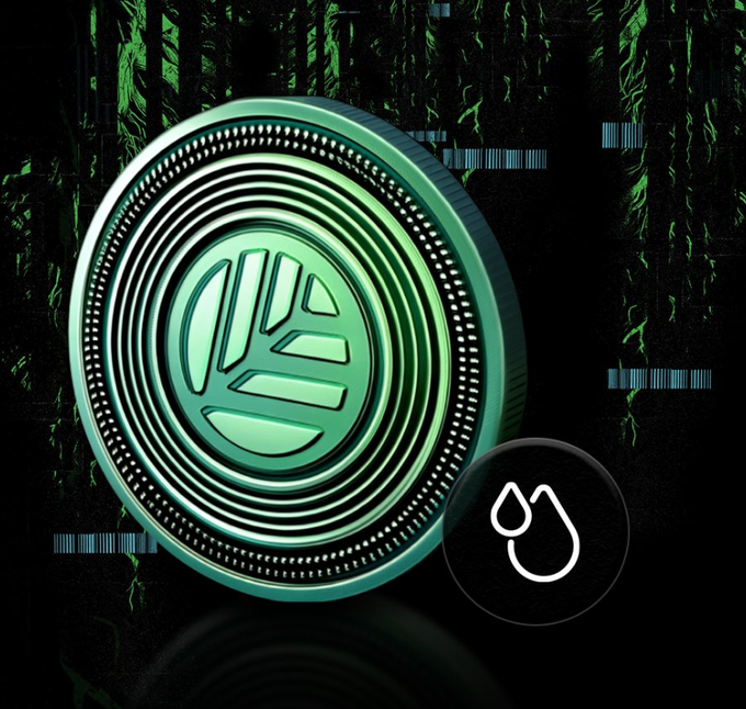 A stylized green metallic coin featuring a leaf logo, likely a cryptocurrency token, set against a dark digital background with a water droplet icon in the corner.