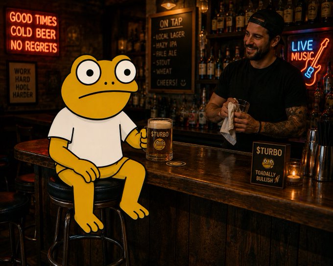 A cartoon frog in a white shirt sits at a bar with a '$TURBO' beer next to a bartender, with neon signs reading 'GOOD TIMES COLD BEER NO REGRETS' and 'LIVE MUSIC'.