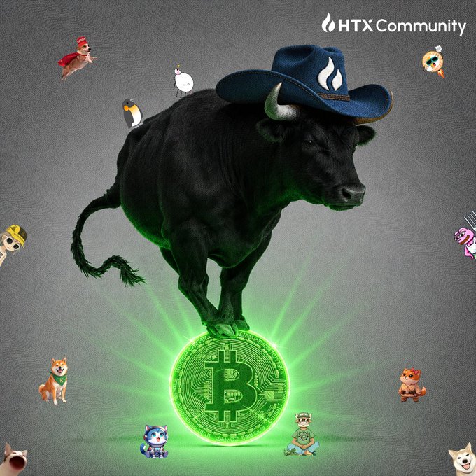A surreal illustration shows a black bull wearing a blue cowboy hat standing on a glowing green Bitcoin coin. The 'HTX Community' logo is visible, along with various small cryptocurrency mascot characters surrounding the scene.