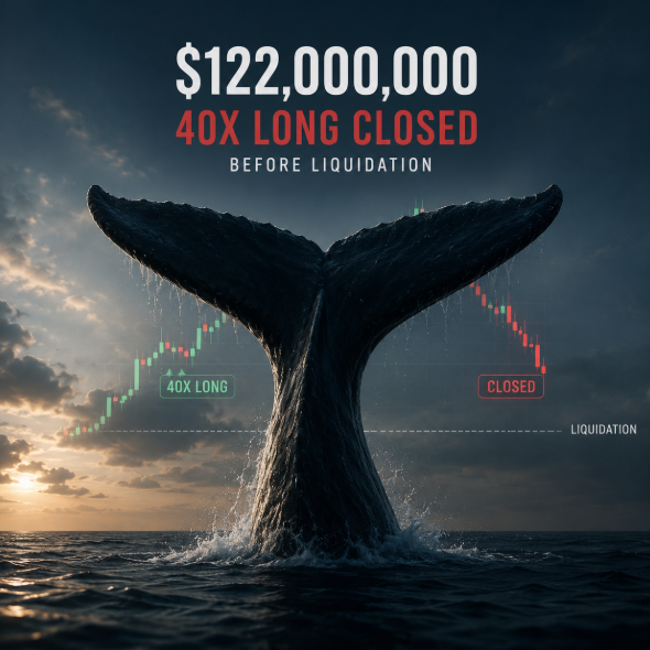 A dramatic image of a whale's tail emerging from the ocean at sunset, overlaid with candlestick charts and the text "$122,000,000 — 40X LONG CLOSED BEFORE LIQUIDATION," visually representing the Bitcoin whale's decision to secure $122 million in profits by closing a 40x leveraged long position just before liquidation.