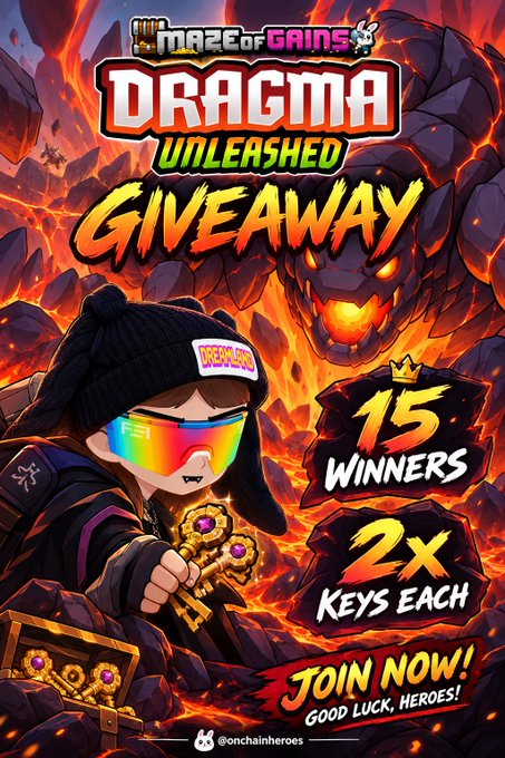 A promotional poster for 'Maze of Gains: DRAGMA UNLEASHED GIVEAWAY' featuring a cartoon character with a beanie and sunglasses holding a key, with '15 WINNERS' getting '2x KEYS EACH' from @onchainheroes.