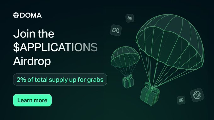 A dark promotional graphic for DOMA announces a "$APPLICATIONS Airdrop," highlighting that 2% of total supply is available with a "Learn more" button, alongside wireframe illustrations of parachutes delivering gift boxes that visually reinforce the airdrop concept tied to the applications.com launch.