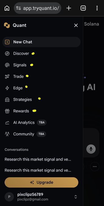 A screenshot of the app.tryquant.io/ interface showing a menu with options including New Chat, Discover, Signals, Trade, Edge, Strategies, Rewards, AI Analytics, and Community for a Solana-related platform.