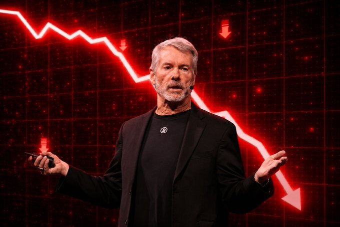 A man with gray hair and beard, wearing a black blazer, shrugs with both hands raised while standing in front of a red background featuring a sharply declining stock chart with downward arrows. The image accompanies news of Michael Saylor's Strategy company selling $102.4 million worth of Bitcoin, with his bemused expression visually capturing the shock of the significant crypto divestment.