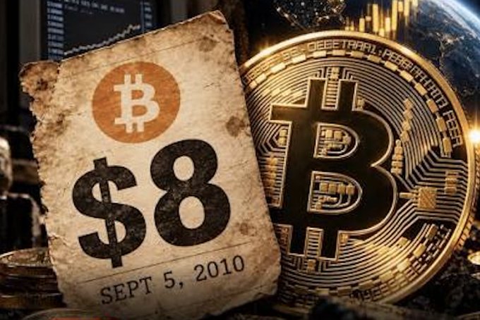 A weathered paper price tag featuring a Bitcoin symbol and the bold price "$8" alongside the date "SEPT 5, 2010" is displayed in front of a gleaming golden Bitcoin coin, visually commemorating the cryptocurrency's remarkably low value from 15 years ago when it traded at just $8 per coin.
