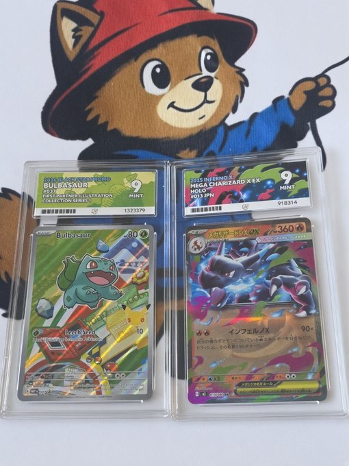 Two graded Pokémon cards, a PSA 9 Bulbasaur from the 2017 Sun & Moon set (#001/092) and a PSA 9 Mega Charizard X EX from the 2015 Inferno X set (#103/JPN), displayed on a Pokémon-themed mat to promote a giveaway.