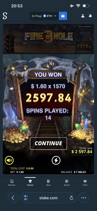 A mobile screenshot from stake.com showing a 'Fire in the Hole 3' slot game win of $2,597.84, with 'YOU WON' displayed, total cost $8.00, and balance $7,484.61.
