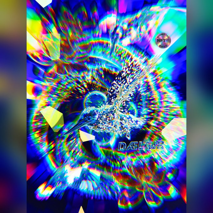 A vibrant, glitch-effect digital artwork displays a hummingbird surrounded by rainbow-colored radial distortion, featuring text that includes 'NFT' in a circle and 'DAEL CUP'.