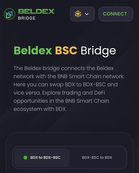 The Beldex BSC Bridge interface showing options to swap between BDX and BDX-BSC tokens between the Beldex and BNB Smart Chain networks.