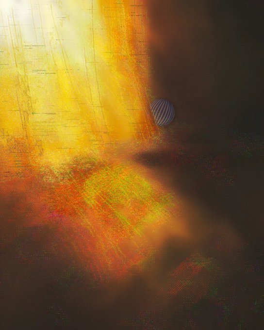 An abstract digital artwork features vibrant yellow and orange brushstrokes with a small textured circular object in the upper portion, blending into dark shadows.