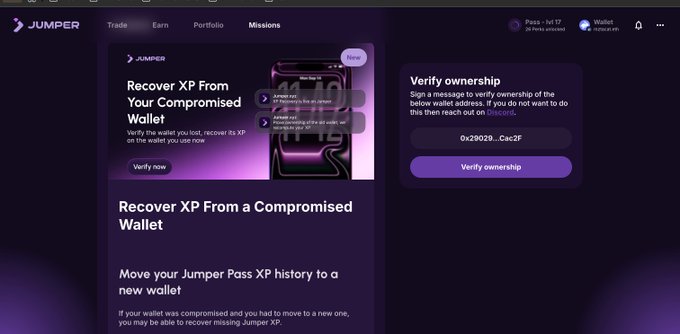 A screenshot of the Jumper Exchange Missions page shows the "Recover XP From Your Compromised Wallet" feature, with a "Verify ownership" panel displaying a partial wallet address (0x29029...Cac2F). The interface illustrates the new recovery process that allows users to verify ownership of a compromised wallet and reclaim their Jumper XP to a new address.