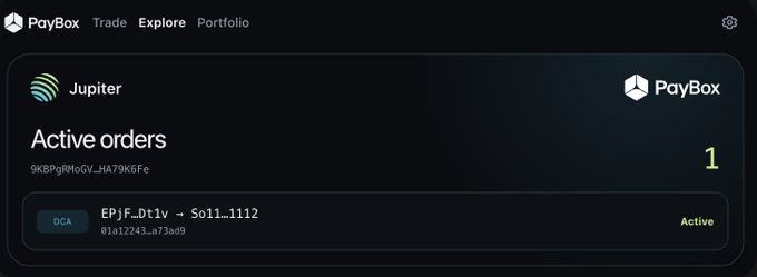 A screenshot of a PayBox cryptocurrency app interface showing 'Active orders' with '1' listed, including a DCA order for 'EPjF_Dt1v → So11...1112' marked as Active.