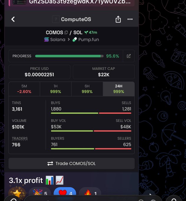 The image features a phone screen displaying information about a trading platform called "COMOS" located at $COMOS Gn2SDa53t9zegwdKX71ywUVZbjJZDXnBBkGP3T2Apump #Solana #Degen #Memecoin". It is shown on the phone screen, with text below that provides details about the platform. The image also appears to be a screenshot from the trading app itself, possibly showing how one's trades are progressing and their current positions on various market charts.