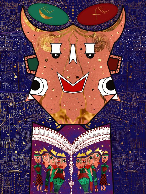A stylized digital illustration of a face with 'God' and 'God' symbols on its forehead, tears streaming down, and figures at the bottom wearing crowns.