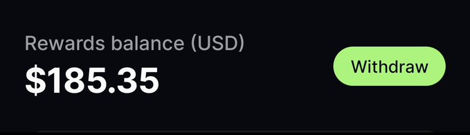 A digital interface displays 'Rewards balance (USD)' with an amount of '$185.35' next to a green 'Withdraw' button.