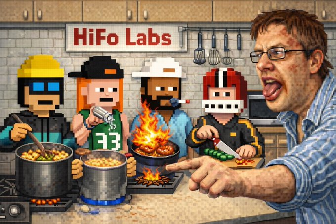 A YouTube thumbnail for 'HiFo Labs' showing pixelated characters cooking alongside a real man with glasses and an exaggerated shouting expression.