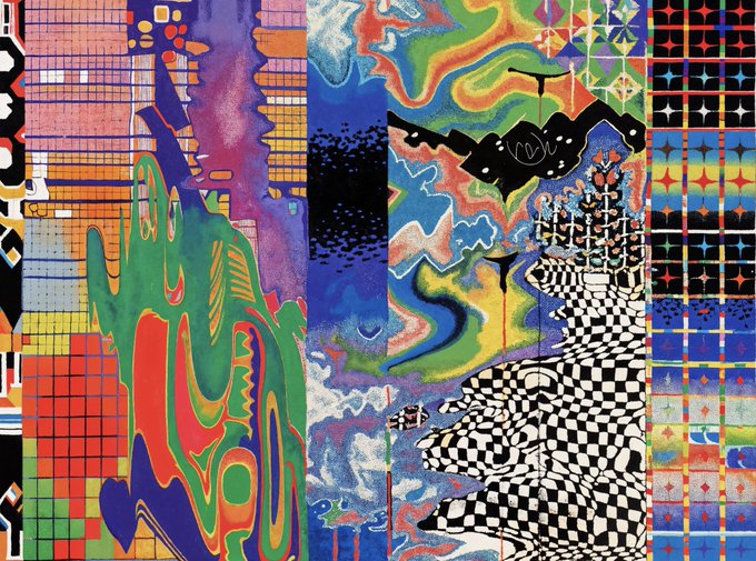 A vibrant, abstract collage-style artwork featuring multiple panels with swirling colorful patterns, grid designs, checkerboard motifs, and distorted shapes in a psychedelic style.