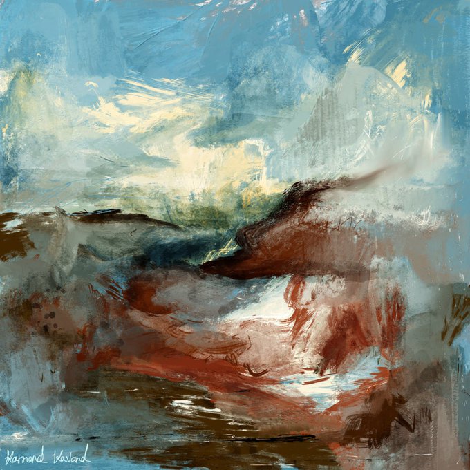 An abstract landscape painting in blues, greens, and earthy browns, signed by artist Maynard Tasman in the lower left corner.