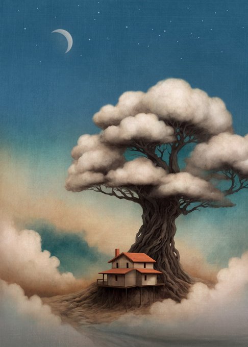 A surreal digital artwork showing a house on a hill beneath a large, cloud-like tree under a starry sky with a crescent moon.