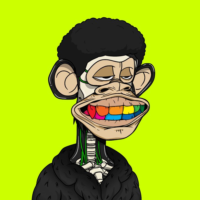 A stylized cartoon ape with rainbow-colored teeth and a relaxed expression is displayed against a bright green background, paired with text teasing a "HOOD IS GENERATING" reveal on #HOODSTREET, suggesting the artwork is a preview of an upcoming Bored Ape-style NFT drop.