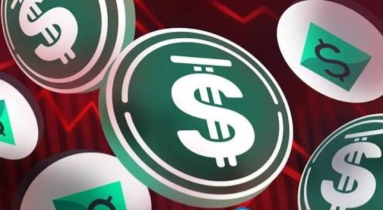 An illustration of metallic dollar sign coins against a red background featuring a downward-trending line graph, symbolizing falling currency value.