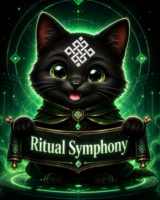 A digital illustration of a black cat wearing a green hooded cloak with a white symbol on its forehead, holding a banner that reads 'Ritual Symphony' against a mystical green background.