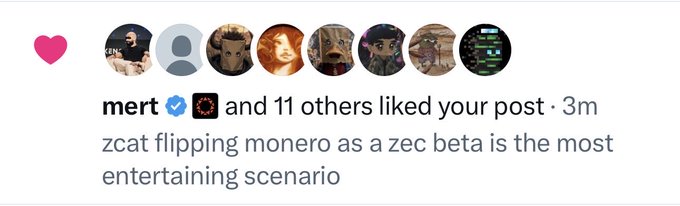 A notification shows that "mert" (verified) and 11 others liked a post reading "zcat flipping monero as a zec beta is the most entertaining scenario," confirming the user's excitement about $ZCAT getting noticed by the influential crypto figure.