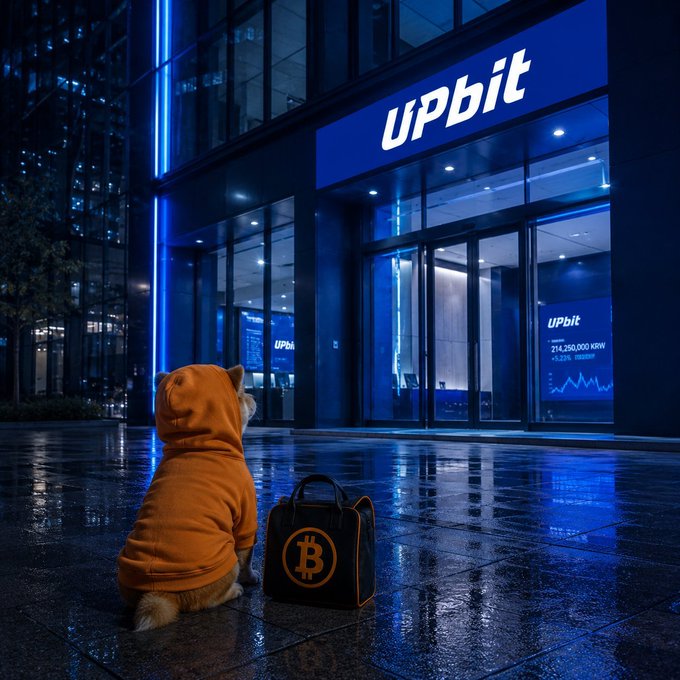 A dog wearing an orange hoodie sits on a wet street at night, looking toward the brightly lit UPbit cryptocurrency exchange building, accompanied by a black bag with a Bitcoin logo.