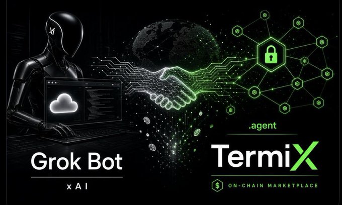 A promotional graphic showing a black humanoid figure working on a laptop labeled 'Grok Bot xAI' shaking hands with a digital 'TermiX .agent' on-chain marketplace, featuring green security/lock icons.