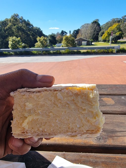 A hand holds up a thick slice of lemon meringue pie against a backdrop of a sunny park with trees and a road.