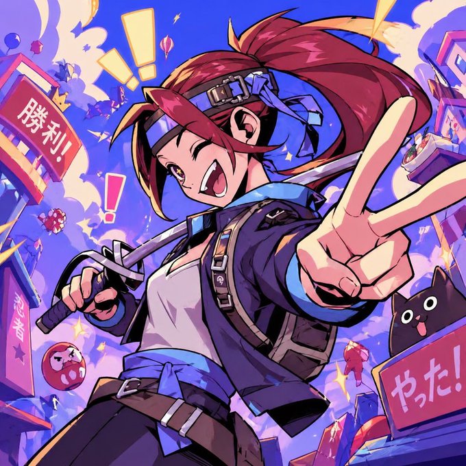 An anime-style illustration features a red-haired character holding a sword and making a peace sign, with Japanese text '勝利!' (Victory) and 'やった!' (Done/Success) visible on banners.