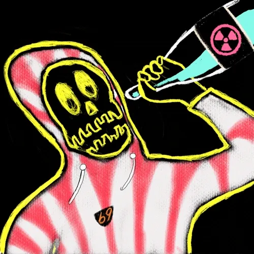 An illustration of a skeleton with a skull face wearing a red and white striped outfit, drinking from a container marked with a radiation hazard symbol.