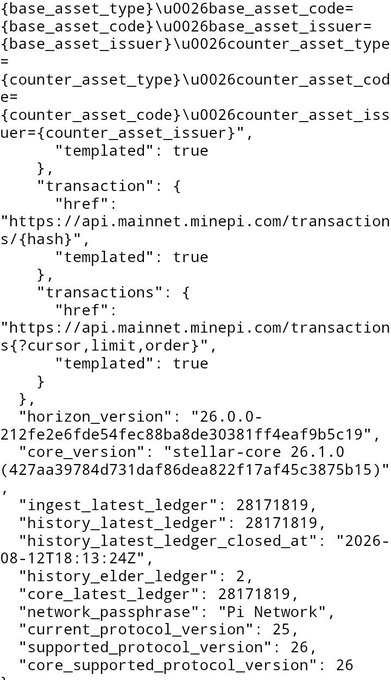 The image shows a JSON response from the Pi Network Mainnet Horizon API (api.mainnet.minepi.com) confirming protocol version 26 is active, with horizon_version "26.0.0", core_supported_protocol_version: 26, and latest ledger 28171819 closed at "2026-08-12T18:13:24Z"—supporting the post's claim that Protocol 26 is now live on the Pi Network mainnet.
