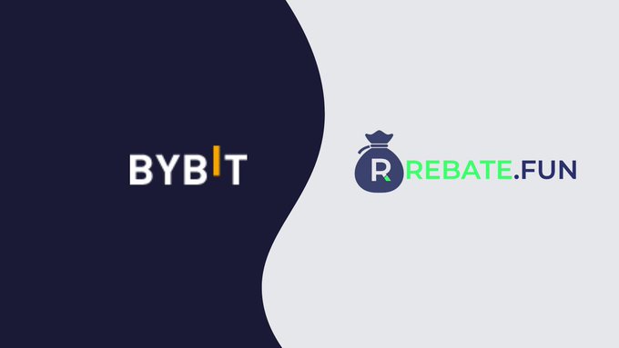 The image features a logo for two companies, one of which is called Bybit. The other company's name is Rebate.fun. They are both promoting their services related to cryptocurrency trading. The logo for Bybit has a blue wave design with white text that reads "Bybit". The Rebate.fun logo has a green wave design with white text that says "Rebate.fun". Both logos are placed on the same image, and they are positioned in such a way that their edges overlap each other.