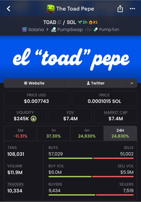 A cryptocurrency token page for 'The Toad Pepe' (TOAD/SOL) on the Solana blockchain via PumpSwap, showing price at $0.007743 (0.0001015 SOL), Market Cap $7.4M, with massive gains across timeframes including +24,830% in 24H and 24,830% in 6H.