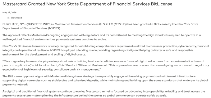 The image shows a text document that appears to be an email or letter from the New York State Department of Financial Services, granting Mastercard a BitLicense. The content of the document discusses the department's approval for Mastercard to engage with evolving payment and settlement infrastructure supporting digital currencies. This information is relevant to the post because it highlights how financial services companies like Mastercard can adapt to new technologies and regulations in order to stay competitive and compliant with industry standards.