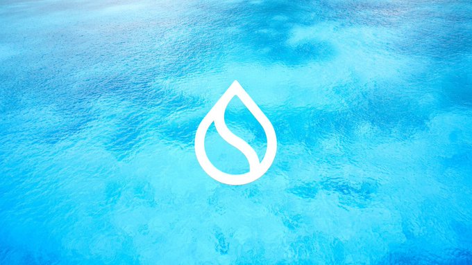 The Sui cryptocurrency logo, a stylized water droplet, is displayed against a blue water texture background.