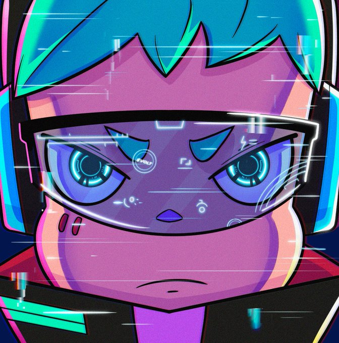 A digital illustration shows a close-up of a futuristic character with blue hair, glowing cyan eyes, and an angry expression behind a transparent visor with HUD elements.