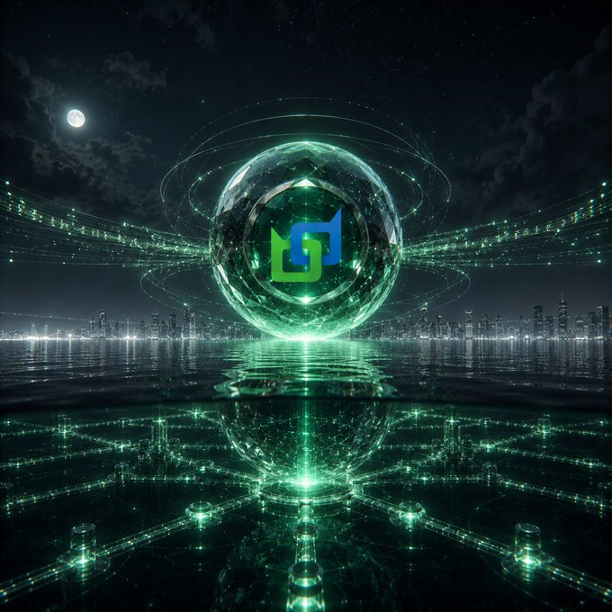 A futuristic digital artwork featuring a glowing green spherical emblem with a blue logo inside, set against a nighttime cityscape with reflections on water.