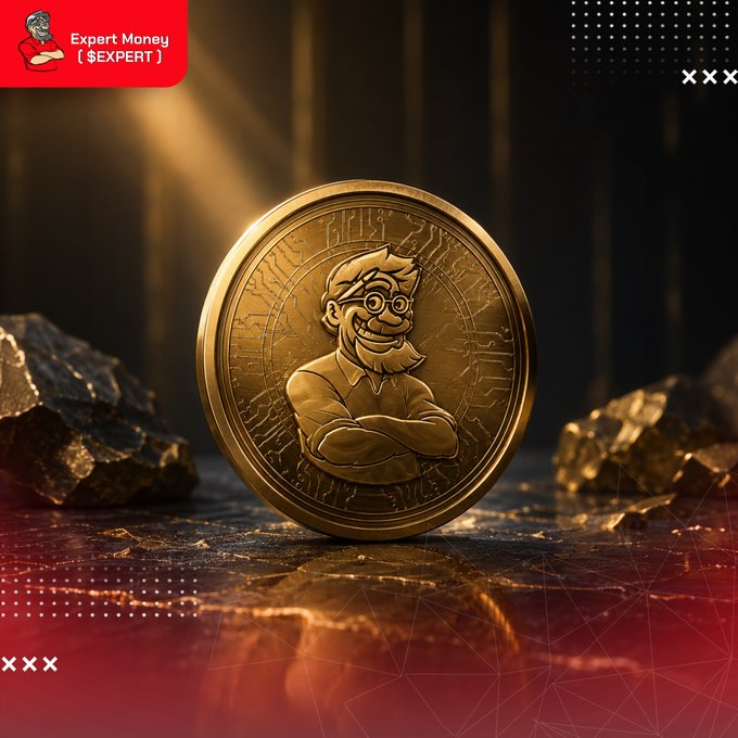 A gold commemorative coin featuring an engraved portrait of a bearded man with glasses stands upright on a reflective surface, with text reading "Expert Money ($EXPERT)" in the corner.