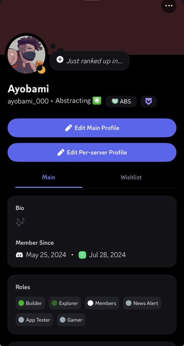 A mobile profile screen for a user named 'Ayobami' (ayobami_000) showing roles including Builder, Explorer, Members, News Alert, App Tester, and Gamer.
