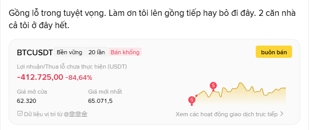 A screenshot of a Binance P2P trade listing for BTCUSDT (20 lots, available now), showing an unrealized loss of -412,725.00 USDT (-84.64%), with the entry price at 62,320 and current price at 65,071.5. Vietnamese text above the listing expresses despair about a stuck position and losing both houses.