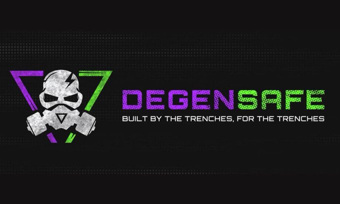 A logo featuring a skull with gas mask and lightning bolt design next to the text 'DEGENSAFE - BUILT BY THE TRENCHES, FOR THE TRENCHES' in purple and green.