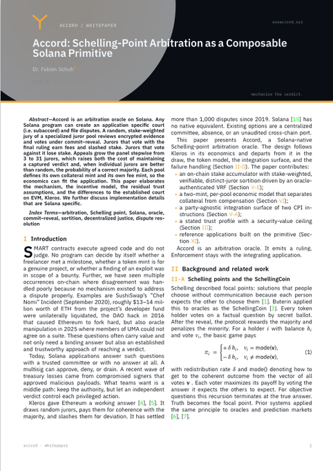First page of an academic whitepaper titled 'Accord: Schelling-Point Arbitration as a Composable Solana Primitive' by Dr. Fabian Schuh, published via SUDOCODE.FZF, with abstract and introduction sections visible.