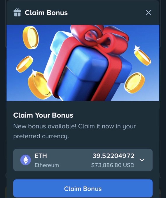 A "Claim Bonus" modal displays a blue gift box with a red ribbon and gold coins, offering a payout of 39.52204972 ETH (Ethereum) valued at $73,886.80 USD, tying into the post's reference to claiming a weekly Stake bonus in that amount.
