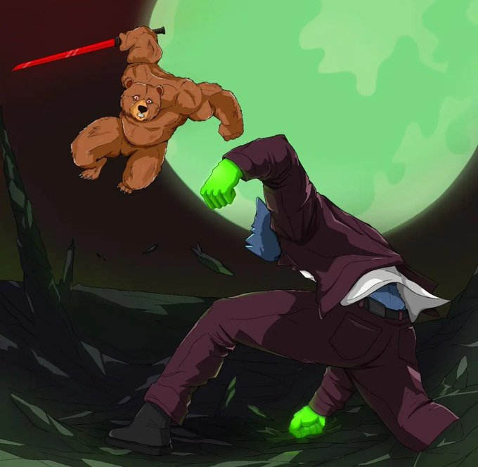 The image depicts a green-skinned, wolf-headed figure in a suit wielding a glowing green fist against a muscular bear with a red lightsaber under a large green moon, symbolizing the ongoing battle between bulls (represented by the bear) and bears in the crypto market. The accompanying post about WolfSwap's Wolfie NFTs, backed by $PACK and $CRO LP tokens earning trading fees, fits the imagery as it highlights how the project is actively engaged in the crypto space rather than just sitting idle.