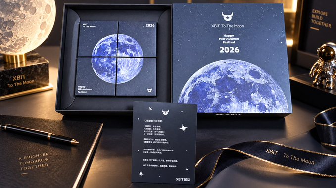 A promotional display for 'XBIT To The Moon - Happy Mid-Autumn Festival 2026' shows gift boxes with moon designs and text 'A BRIGHTER TOMORROW TOGETHER' and 'EXPLORE BUILD TOGETHER.'