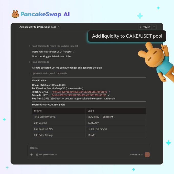 A screenshot of 'PancakeSwap AI' showing a chat interface with a 'Liquidity Plan' for adding liquidity to the CAKE/USDT pool on BNB Smart Chain.