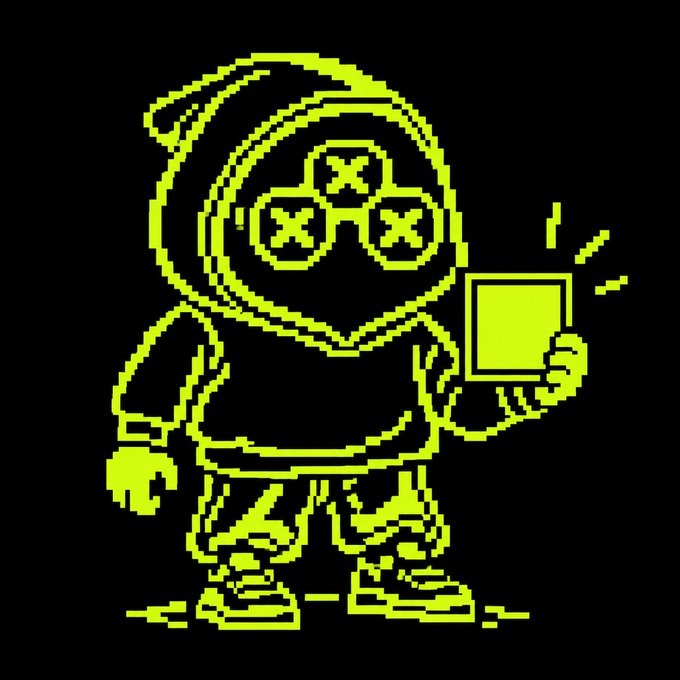 A pixel-art style neon yellow character wearing a hoodie with X-shaped glasses, holding a smartphone, set against a black background.