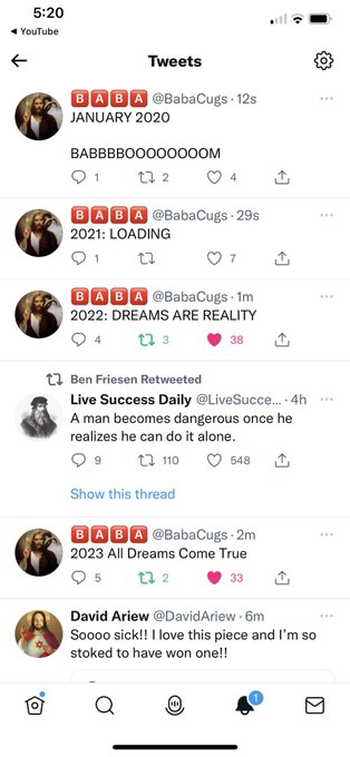 A screenshot of a Twitter/X feed from user @BabaCugs posting a yearly countdown starting with "JANUARY 2020 BABBBBBOOOOOOOOM" and progressing through "2021: LOADING," "2022: DREAMS ARE REALITY," and "2023 All Dreams Come True," fitting a January 2027 XRP bullish sentiment post.